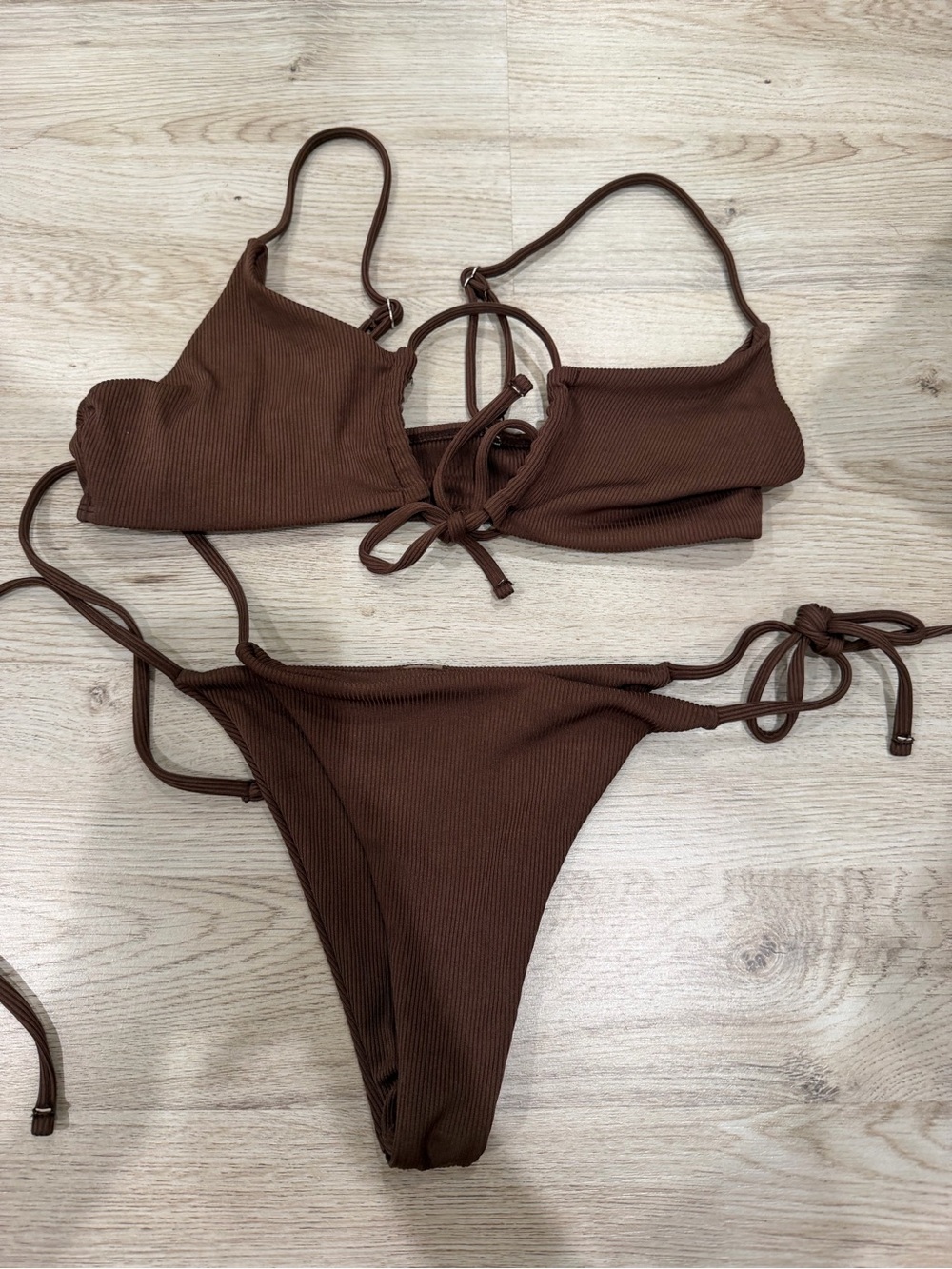 SHEIN Brown Ribbed Tie-Side Bikini Set